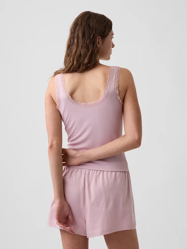 Camiseta sin mangas de pijama con ribete de encaje y costuras finas