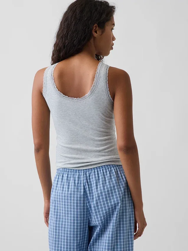 Camiseta sin mangas de pijama con ribete de encaje y costuras finas