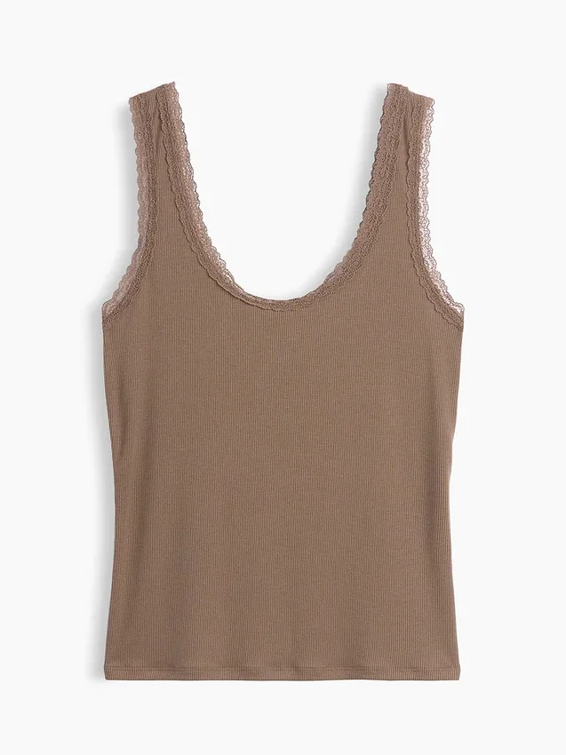 Camiseta sin mangas de pijama con ribete de encaje y costuras finas