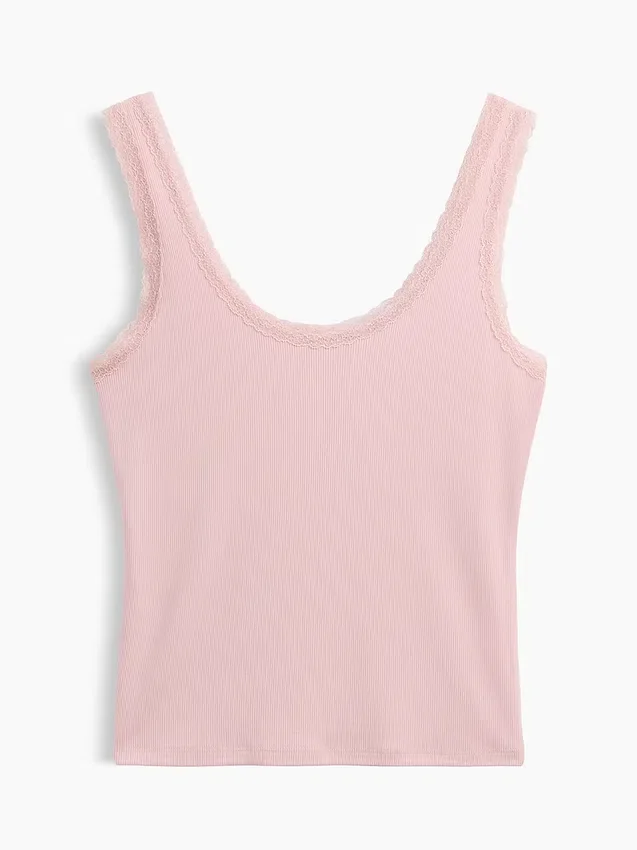 Camiseta sin mangas de pijama con ribete de encaje y costuras finas