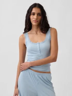 Camiseta sin mangas de pijama tipo Henley con encaje de canalé fino
