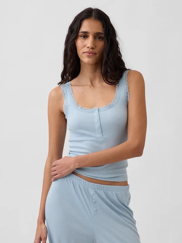Camiseta sin mangas de pijama tipo Henley con encaje de canalé fino