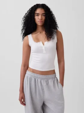 Camiseta sin mangas de pijama tipo Henley con encaje de canalé fino