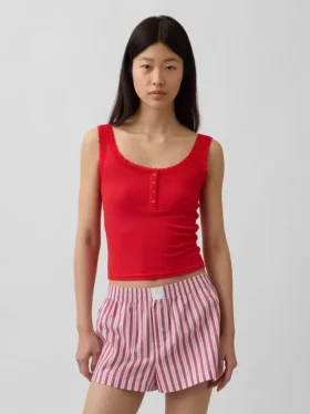 Camiseta sin mangas de pijama tipo Henley con encaje de canalé fino