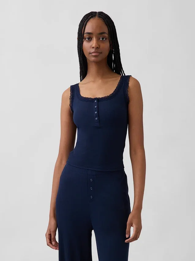 Camiseta sin mangas de pijama tipo Henley con encaje de canalé fino