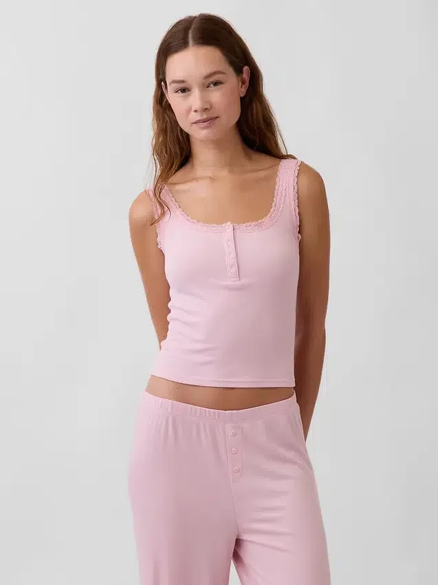 Camiseta sin mangas de pijama tipo Henley con encaje de canalé fino