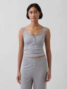 Camiseta sin mangas de pijama tipo Henley con encaje de canalé fino