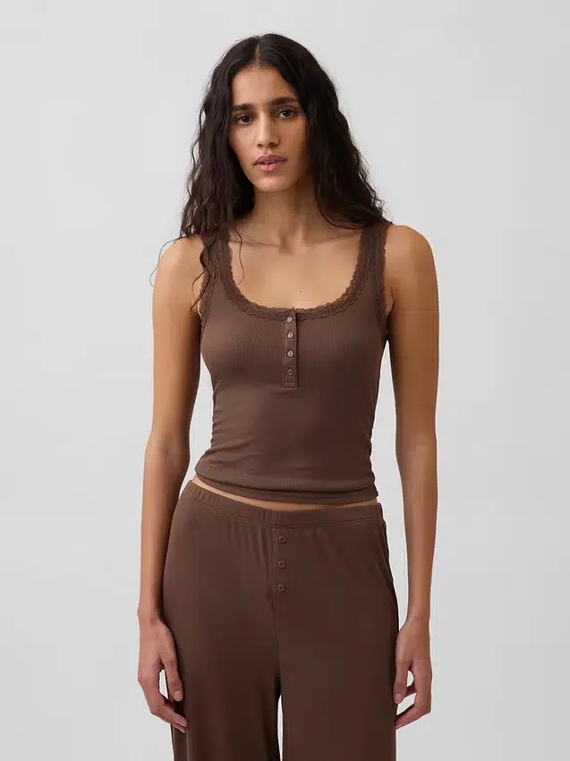 Camiseta sin mangas de pijama tipo Henley con encaje de canalé fino