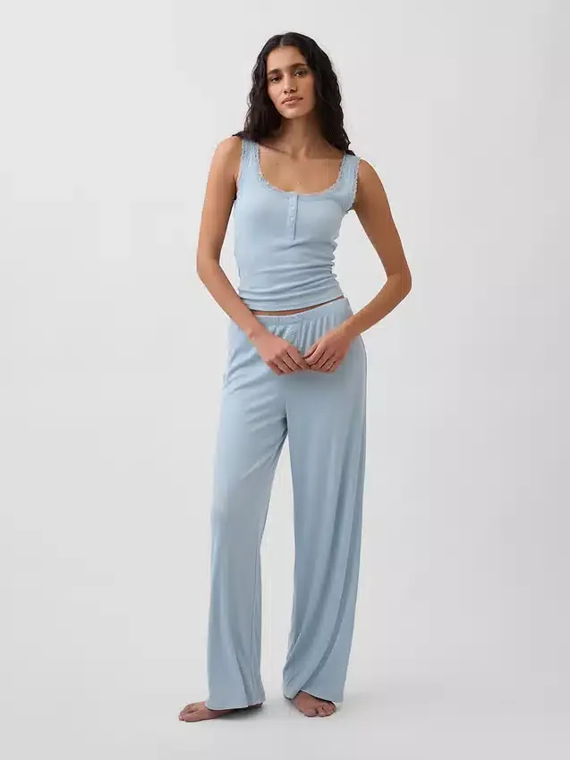 Camiseta sin mangas de pijama tipo Henley con encaje de canalé fino