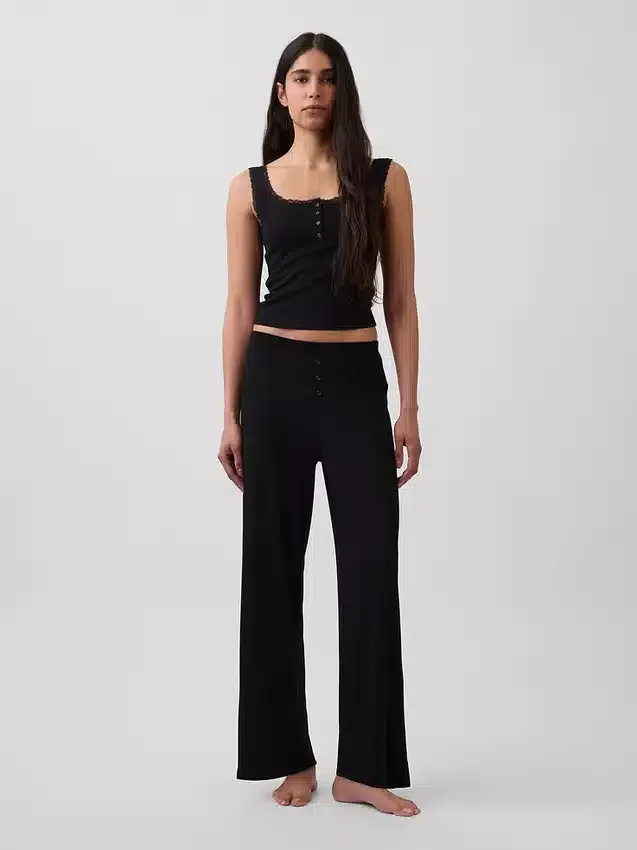 Camiseta sin mangas de pijama tipo Henley con encaje de canalé fino