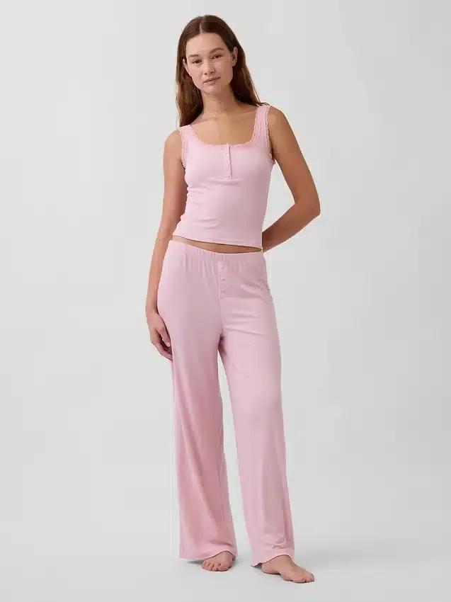 Camiseta sin mangas de pijama tipo Henley con encaje de canalé fino