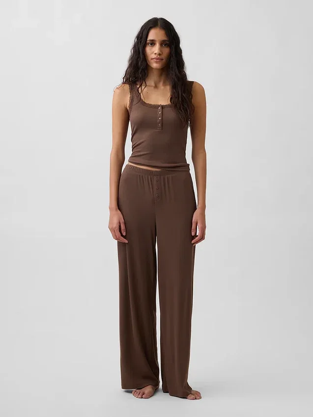 Camiseta sin mangas de pijama tipo Henley con encaje de canalé fino