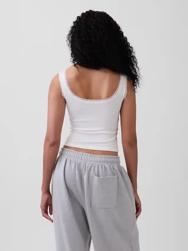 Camiseta sin mangas de pijama tipo Henley con encaje de canalé fino