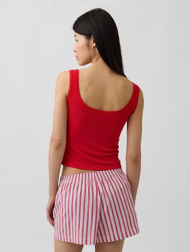 Camiseta sin mangas de pijama tipo Henley con encaje de canalé fino