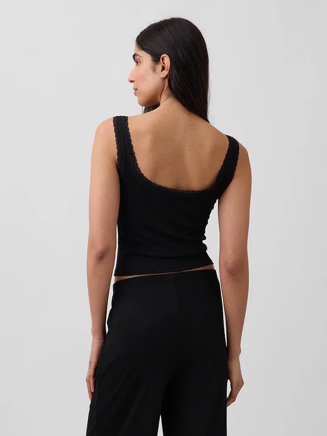Camiseta sin mangas de pijama tipo Henley con encaje de canalé fino