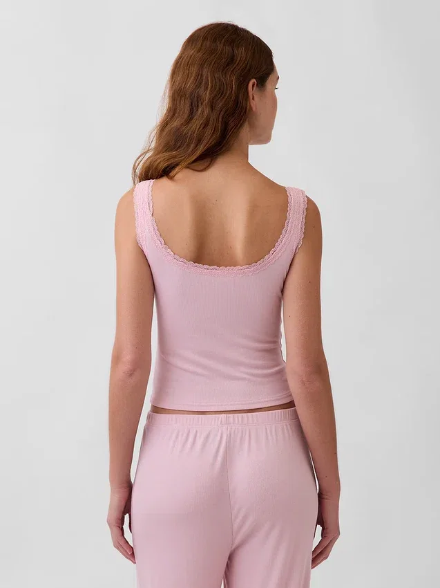 Camiseta sin mangas de pijama tipo Henley con encaje de canalé fino