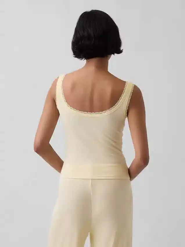 Camiseta sin mangas de pijama tipo Henley con encaje de canalé fino
