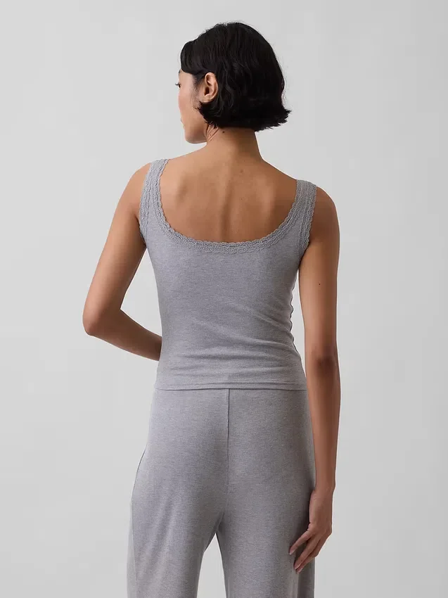 Camiseta sin mangas de pijama tipo Henley con encaje de canalé fino