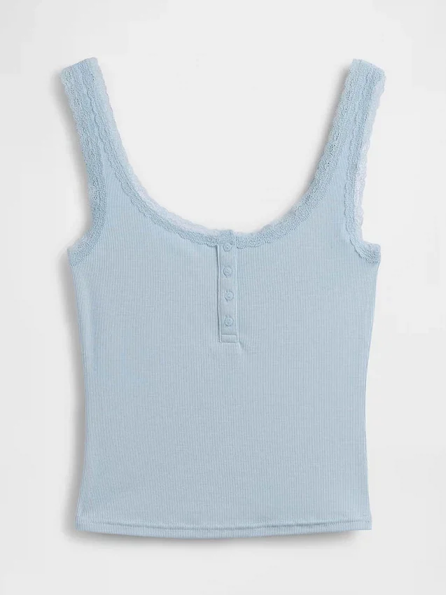 Camiseta sin mangas de pijama tipo Henley con encaje de canalé fino