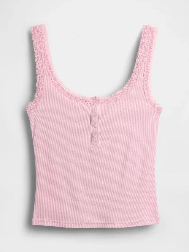 Camiseta sin mangas de pijama tipo Henley con encaje de canalé fino