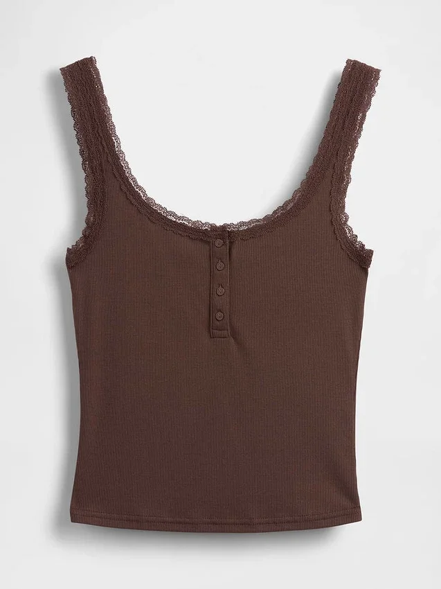 Camiseta sin mangas de pijama tipo Henley con encaje de canalé fino