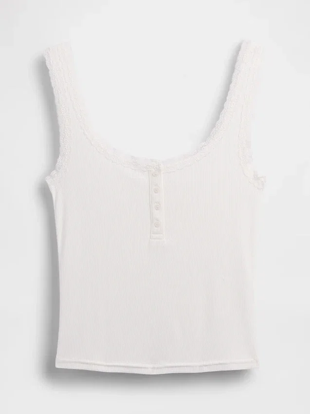 Camiseta sin mangas de pijama tipo Henley con encaje de canalé fino