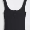 Camiseta sin mangas de pijama tipo Henley con encaje de canalé fino
