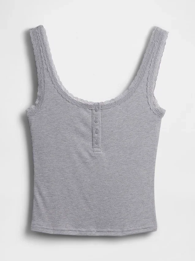 Camiseta sin mangas de pijama tipo Henley con encaje de canalé fino
