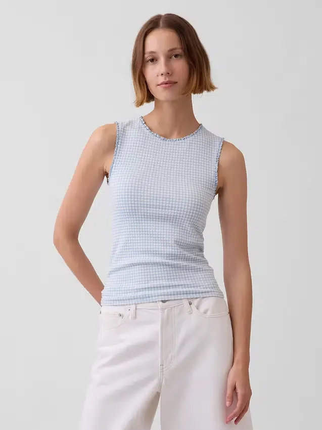 Camiseta sin mangas de punto pointelle a cuadros