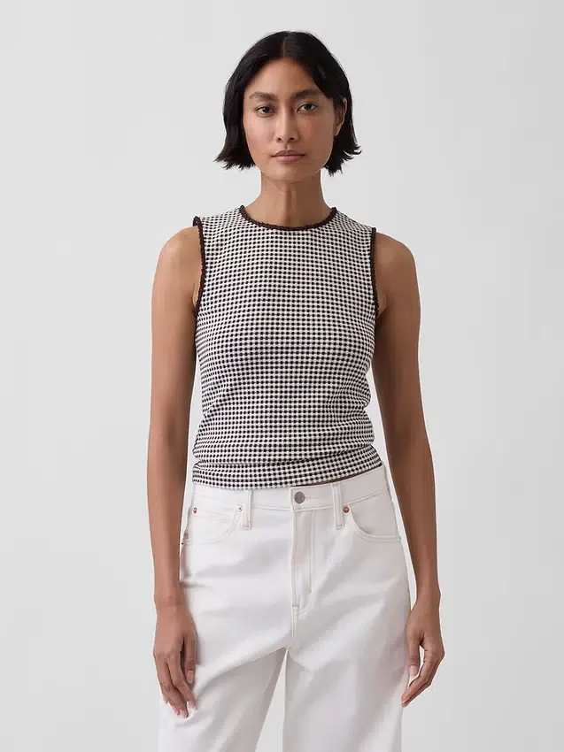 Camiseta sin mangas de punto pointelle a cuadros