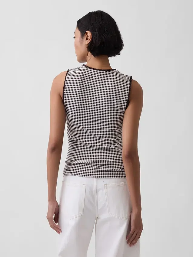 Camiseta sin mangas de punto pointelle a cuadros
