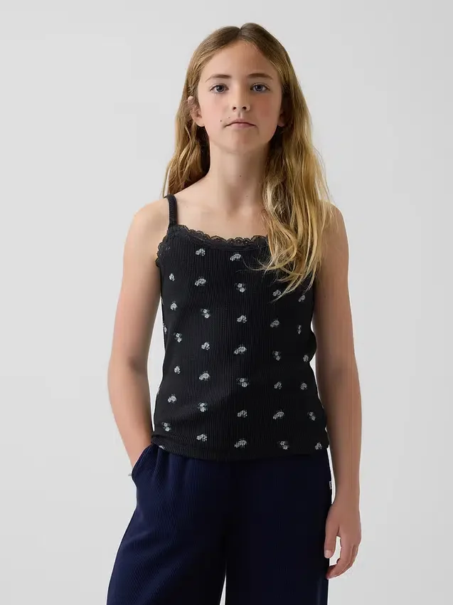 Camiseta sin mangas para niños con ribete de encaje y tejido tipo waffle