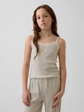 Camiseta sin mangas para niños con ribete de encaje y tejido tipo waffle