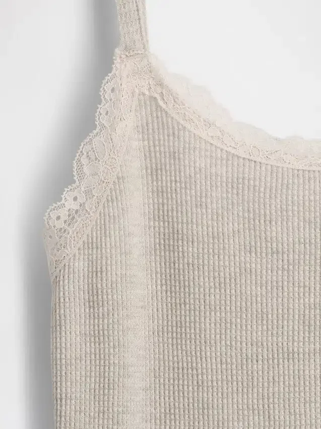 Camiseta sin mangas para niños con ribete de encaje y tejido tipo waffle