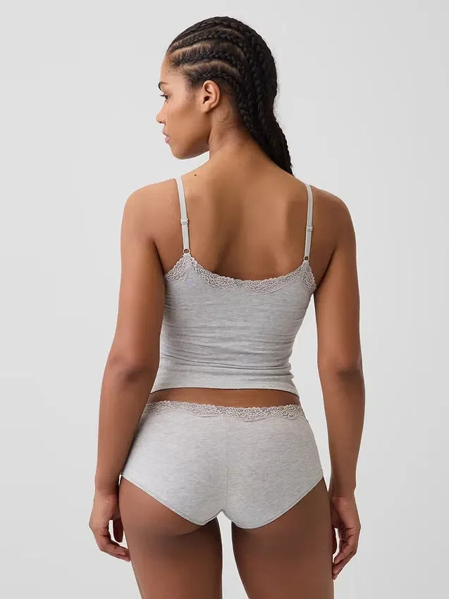 Camiseta sin tirantes con sujetador incorporado de algodón orgánico elástico y ribete de encaje