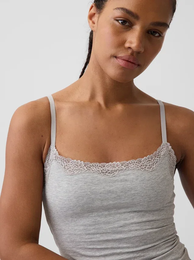 Camiseta sin tirantes con sujetador incorporado de algodón orgánico elástico y ribete de encaje