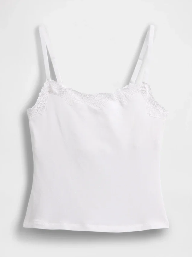 Camiseta sin tirantes con sujetador incorporado de algodón orgánico elástico y ribete de encaje