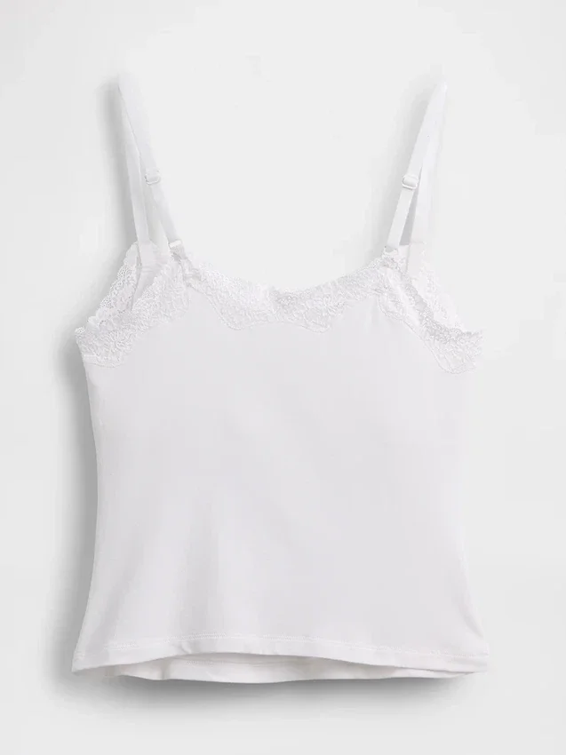Camiseta sin tirantes con sujetador incorporado de algodón orgánico elástico y ribete de encaje