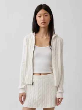 Cardigan con cremallera de punto trenzado 100 % algodón