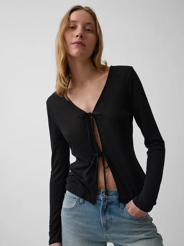 Cardigan con lazo delantero de mezcla de lino