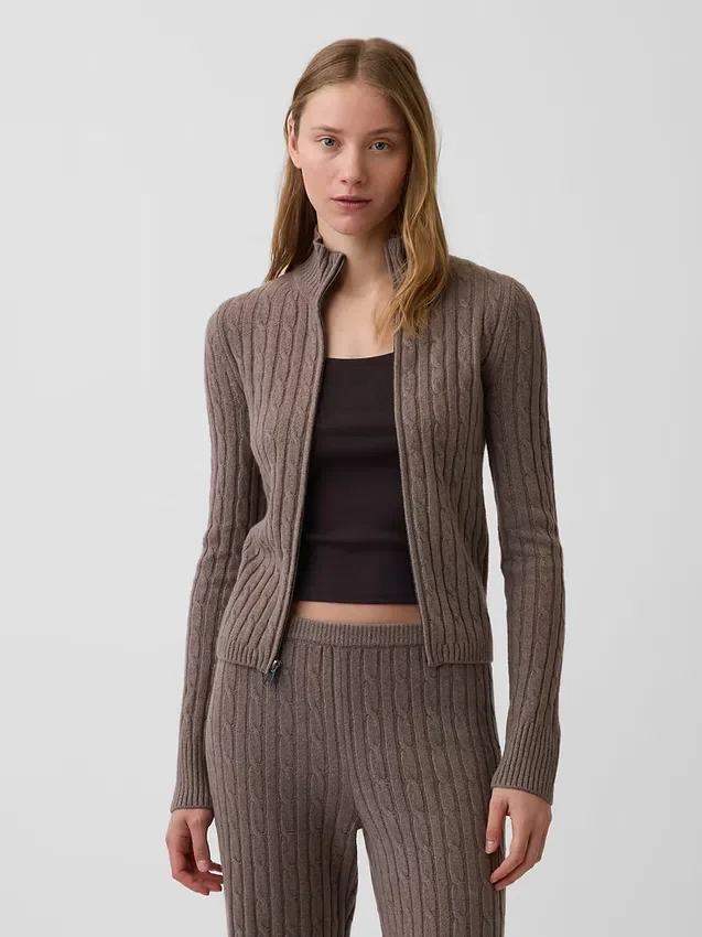 Cardigan corto con cremallera y tejido trenzado CashSoft
