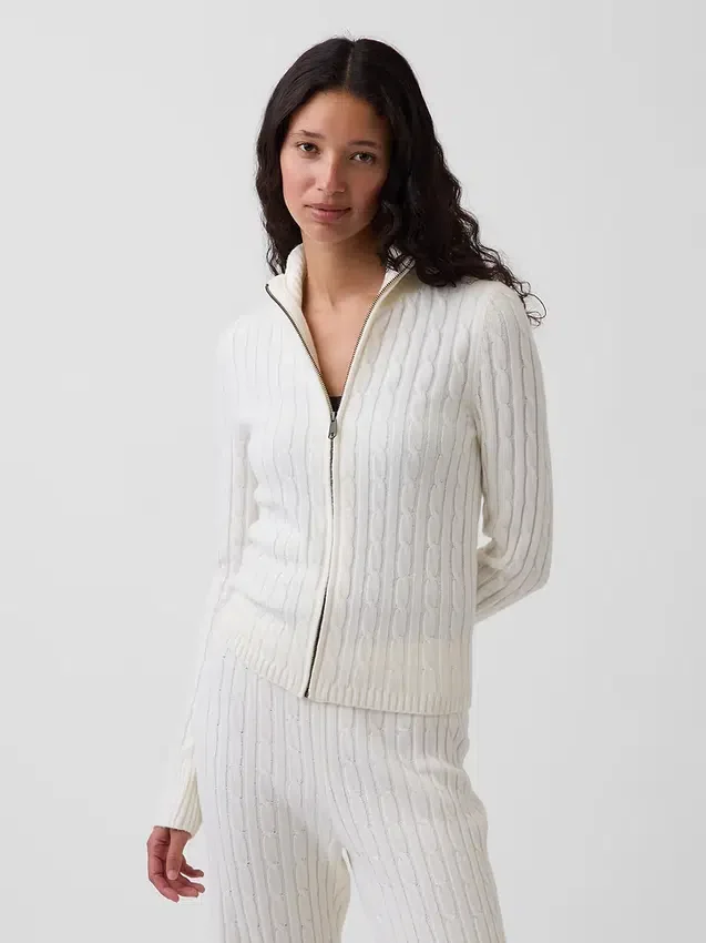 Cardigan corto con cremallera y tejido trenzado CashSoft