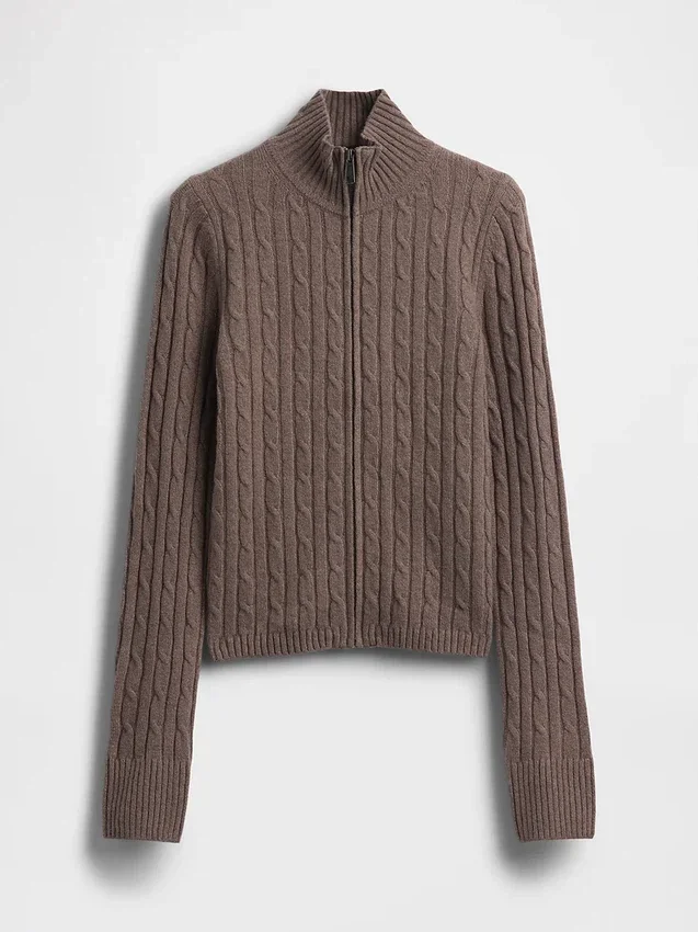 Cardigan corto con cremallera y tejido trenzado CashSoft