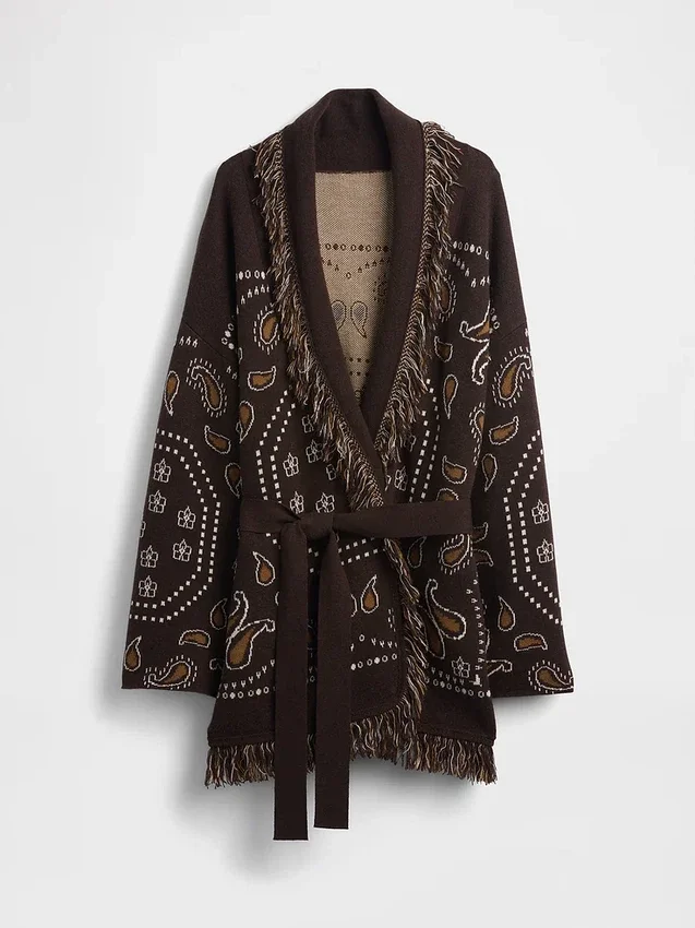 Cardigan tipo chal con flecos de mezcla de algodón