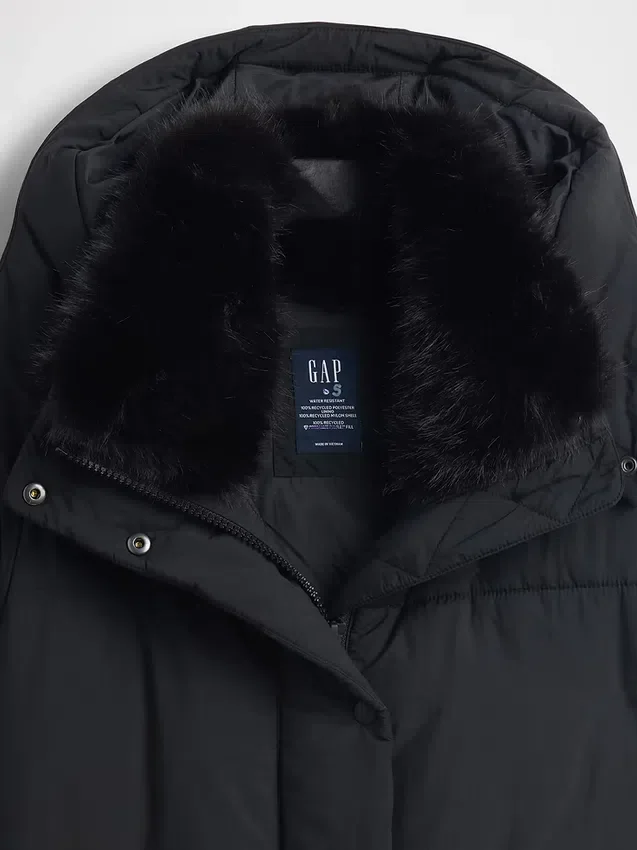 Chaqueta acolchada midi con ribete de piel sintética
