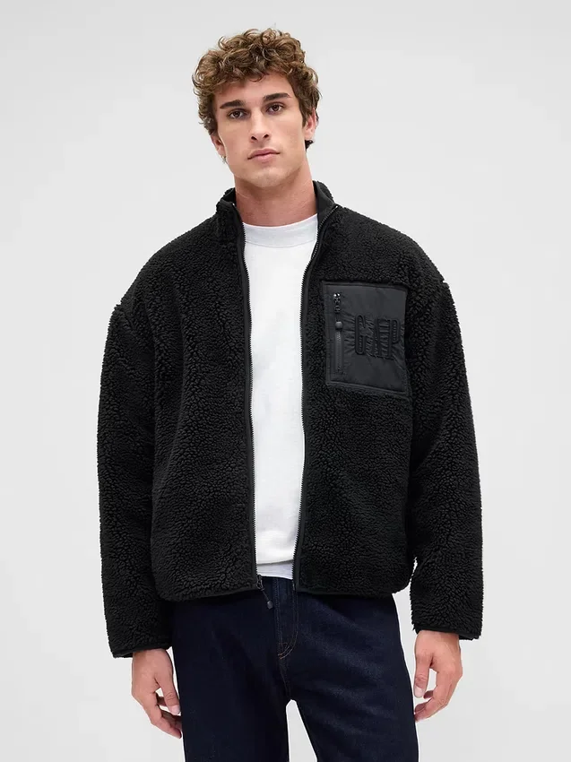 Chaqueta con cremallera de sherpa reciclado y logo extragrande
