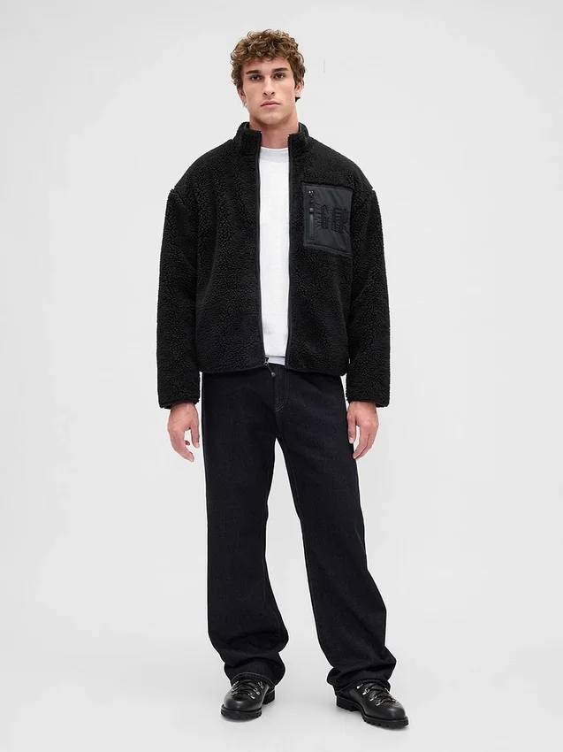 Chaqueta con cremallera de sherpa reciclado y logo extragrande