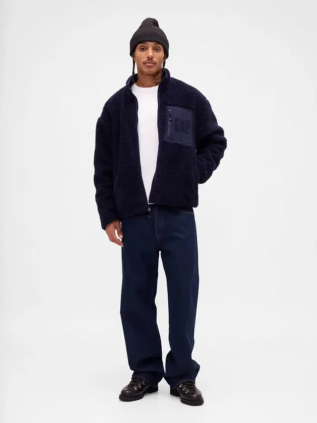 Chaqueta con cremallera de sherpa reciclado y logo extragrande