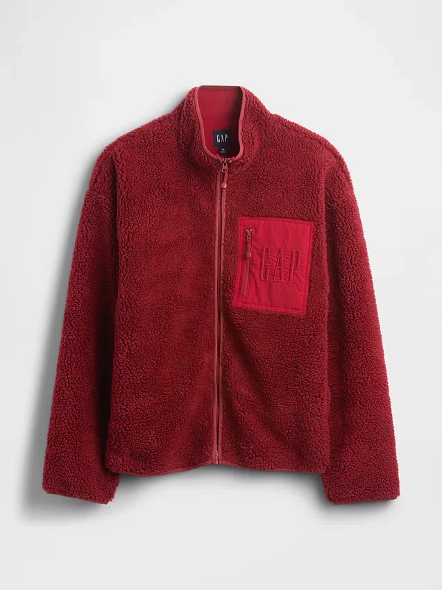 Chaqueta con cremallera de sherpa reciclado y logo extragrande