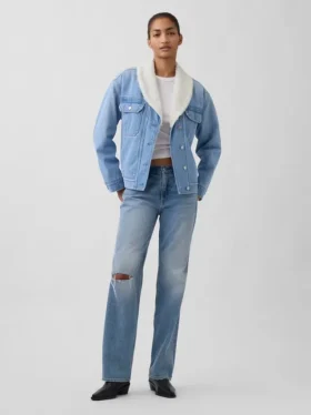 Chaqueta de mezclilla con cuello chal y forro de sherpa